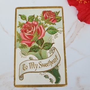 Vintage 'To My Sweetheart' red rose raised relief postcard Germany